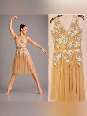 Kelle dance lyrical ballet costume tan gold lace overlay Bloom 8302 LC teen